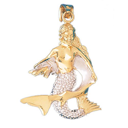 3D Mermaid with Shark Charm Pendant 14k Two Tone Gold