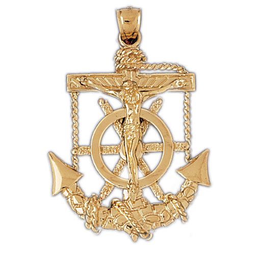 Jesus Christ on Cross Anchor Charm Pendant 14k Gold