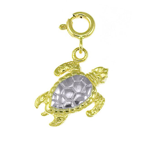 3D Turtle Two Tone White Charm Pendant 14k Gold