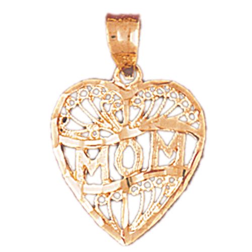 Filigree Mom Heart Charm Pendant 14k Gold