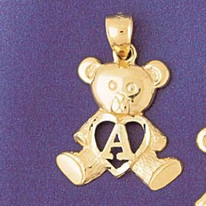 Initial A Teddy Bear Heart Charm Pendant 14k Gold