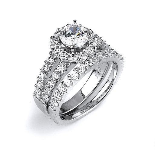 Sterling silver CZ wedding ring with a double shank halo engagement ring with rhodium plating