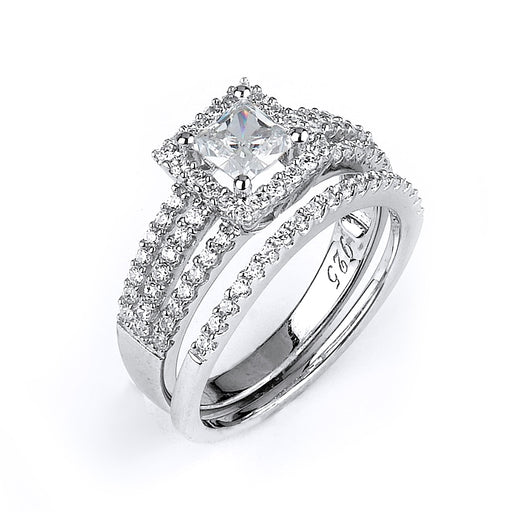 Sterling silver CZ wedding ring with a triple shank engagement ring with rhodium plating