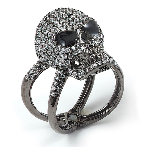 Sterling silver skull ring with micro-pave CZ and black rhodium plating