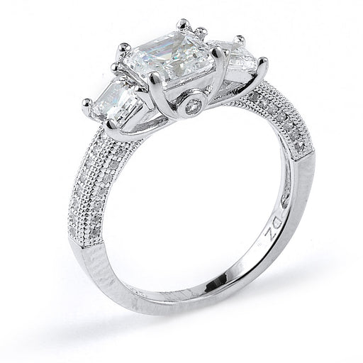 Sterling silver engagement ring with triple CZ and rhodium plating