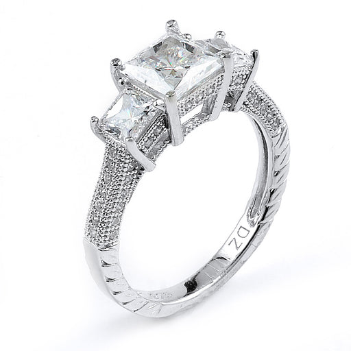 Sterling silver engagement ring with triple CZ and rhodium plating