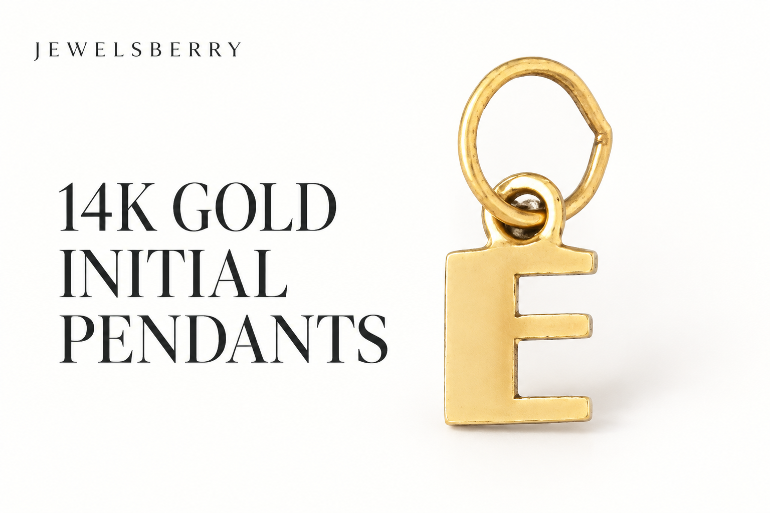 Yellow gold capital E initial pendant with an oval attachment loop on a white background