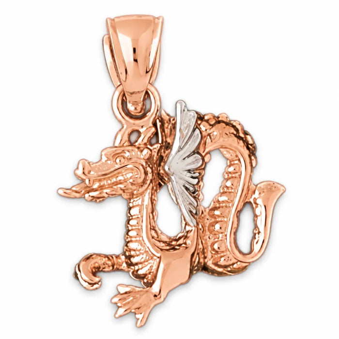 3D Dragon Charm Pendant 14k Two Tone Yellow and White Gold