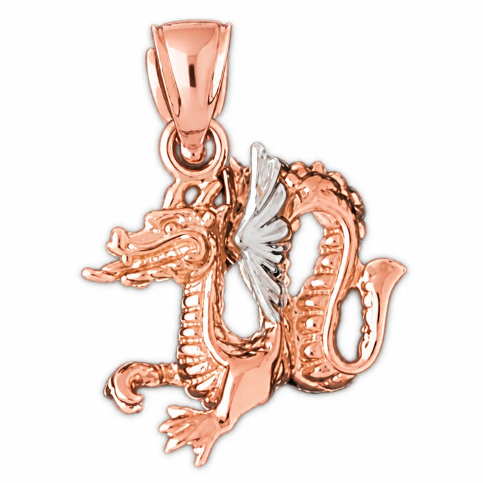 3D Dragon Charm Pendant 14k Two Tone Yellow and White Gold Rose Gold 14k