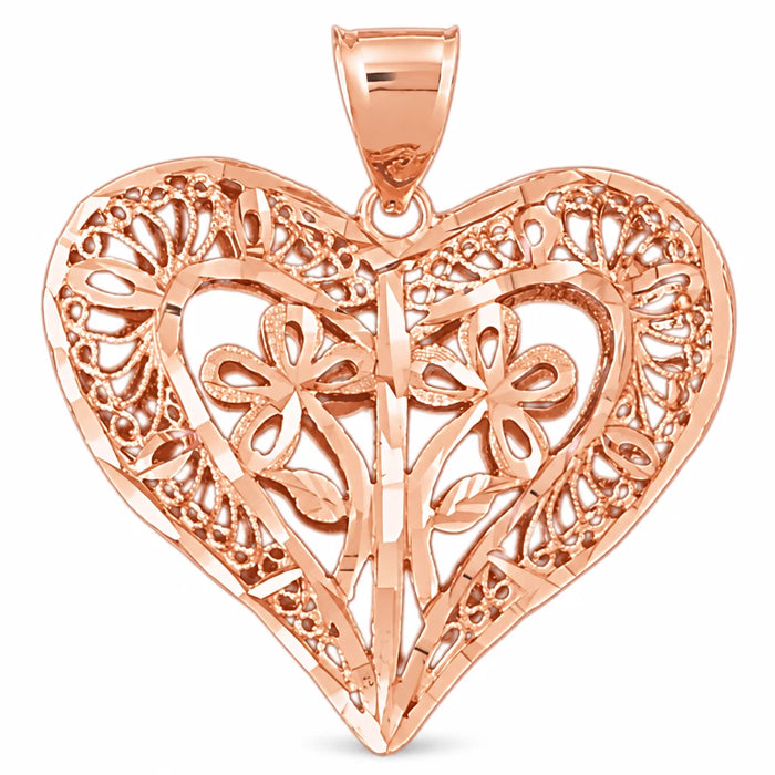 3D Filigree Flower In Heart Charm Pendant 14k Gold (11.7 Grams) Rose Gold 14k