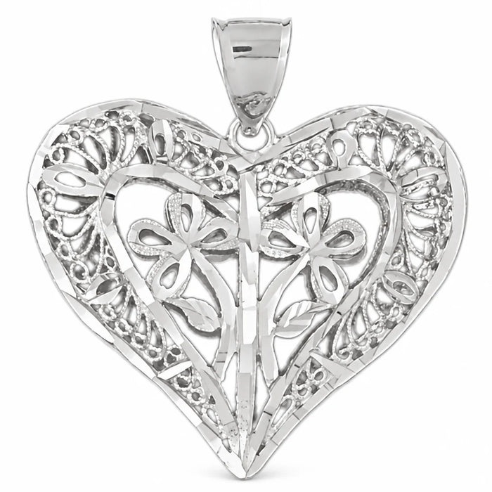 3D Filigree Flower In Heart Charm Pendant 14k Gold (11.7 Grams) White Gold 14k