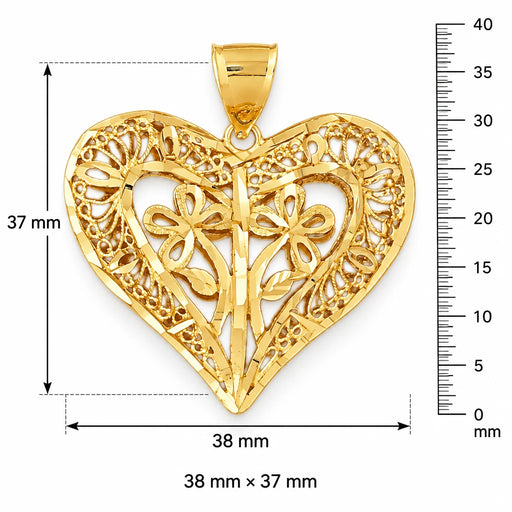 3D Filigree Flower In Heart Charm Pendant 14k Gold (11.7 Grams) Yellow Gold 14k