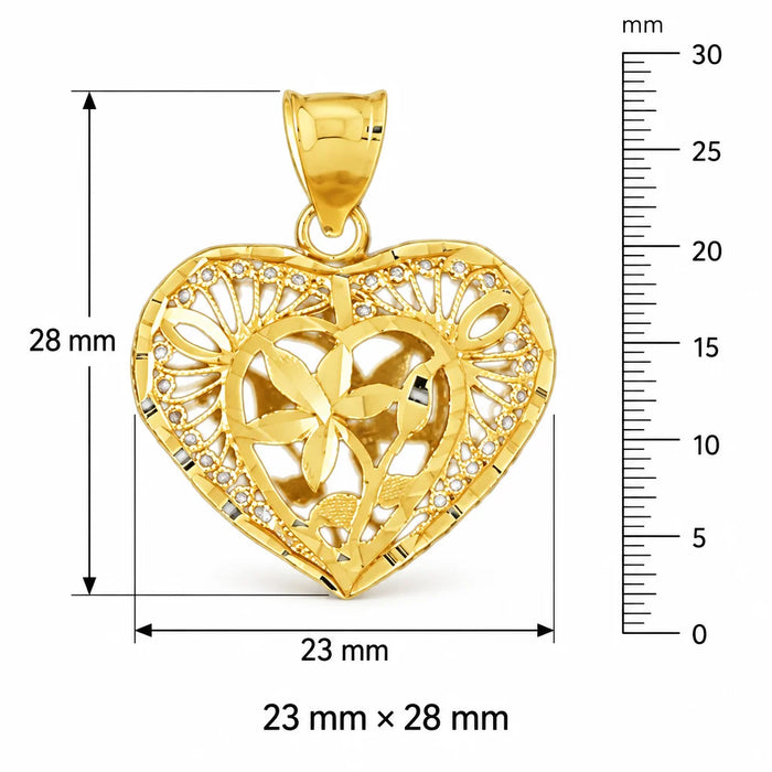 3D Filigree Flower In Heart Charm Pendant 14k Gold (4.2 Grams) Yellow Gold 14k