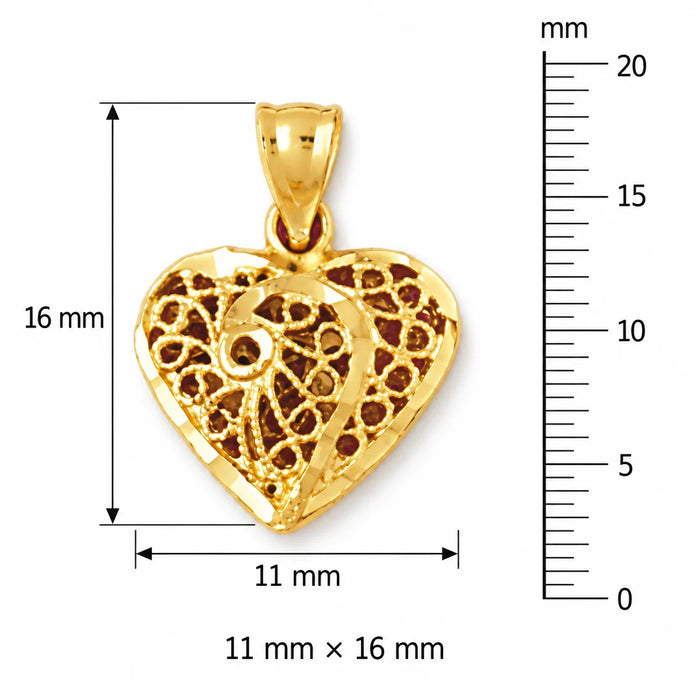 3D Filigree Heart Charm Pendant 14k Gold (1.4 Grams) Yellow Gold 14k