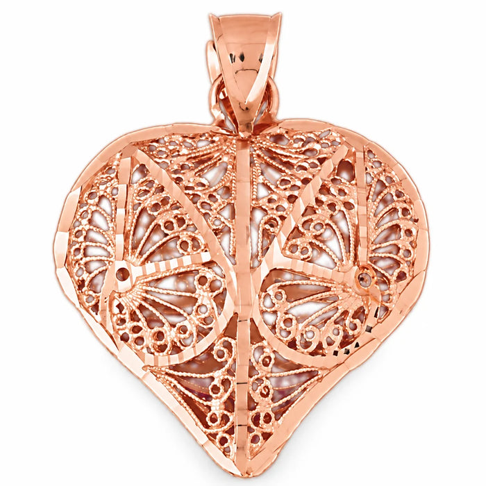 3D Filigree Heart Charm Pendant 14k Gold (11.5 Grams) Rose Gold 14k