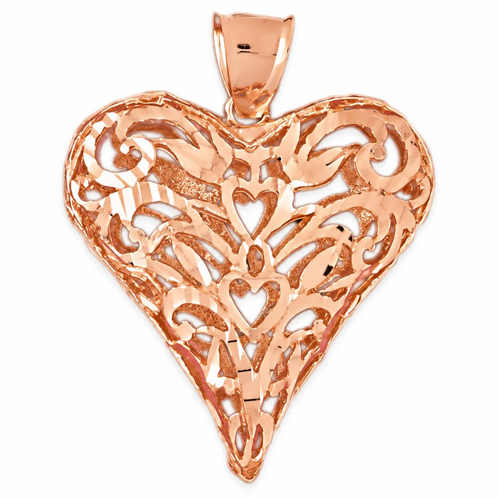 3D Filigree Heart Charm Pendant 14k Gold (12.5 Grams) Rose Gold 14k