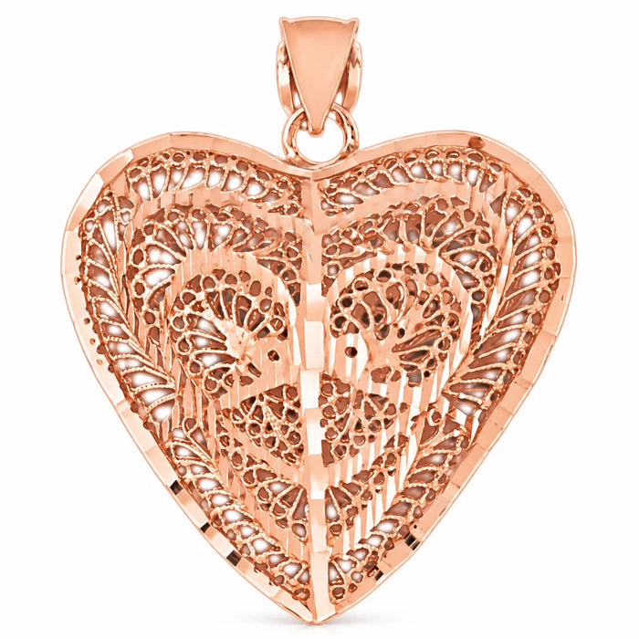 3D Filigree Heart Charm Pendant 14k Gold (12 Grams) Rose Gold 14k