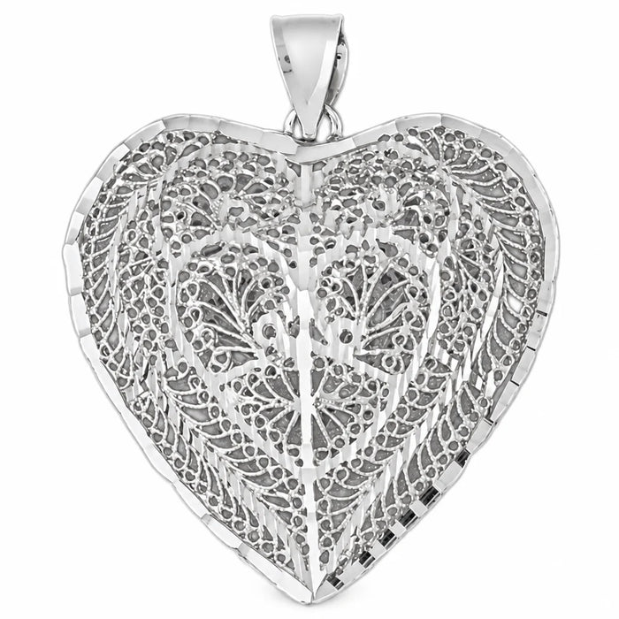 3D Filigree Heart Charm Pendant 14k Gold (18.5 Grams) White Gold 14k