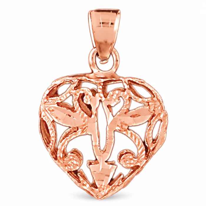 3D Filigree Heart Charm Pendant 14k Gold (2.1 Grams) Rose Gold 14k