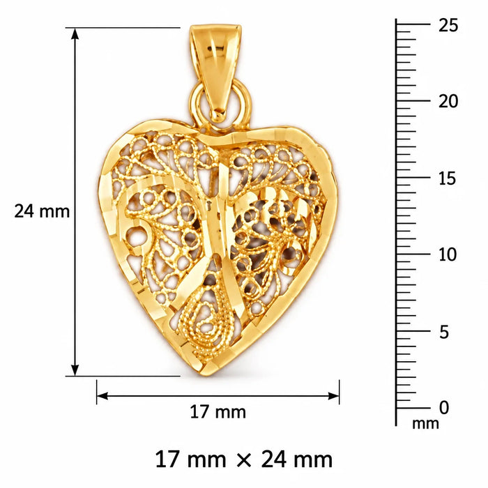 3D Filigree Heart Charm Pendant 14k Gold (2.4 Grams) Yellow Gold 14k