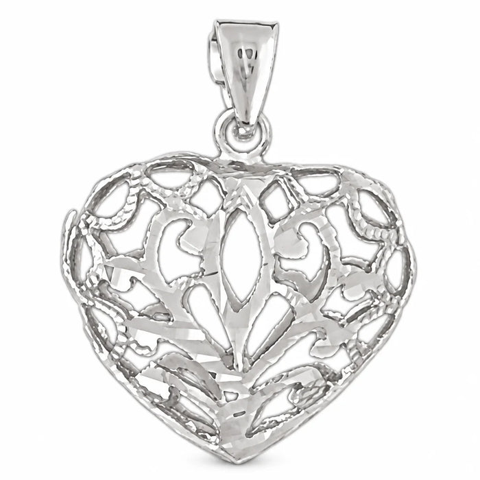 3D Filigree Heart Charm Pendant 14k Gold (2.7 Grams) White Gold 14k