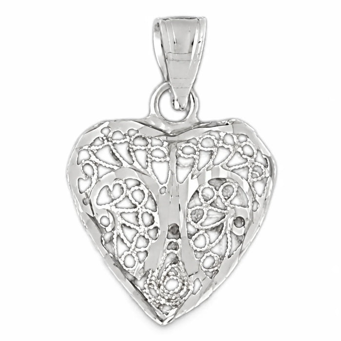 3D Filigree Heart Charm Pendant 14k Gold (2 Grams) White Gold 14k