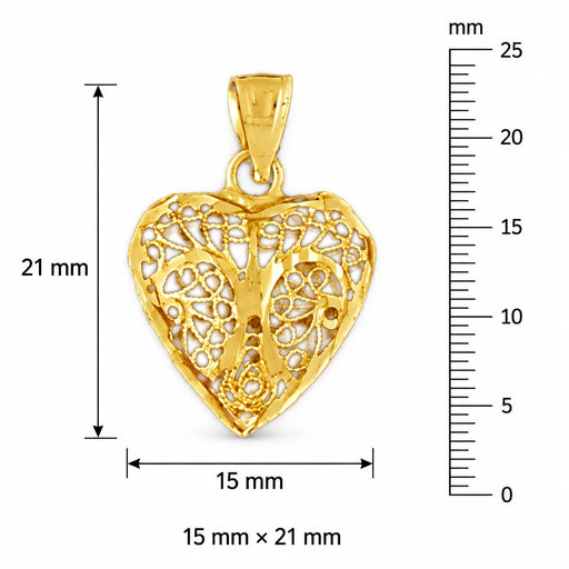 3D Filigree Heart Charm Pendant 14k Gold (2 Grams) Yellow Gold 14k