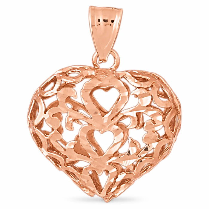 3D Filigree Heart Charm Pendant 14k Gold (4.7 Grams) Rose Gold 14k