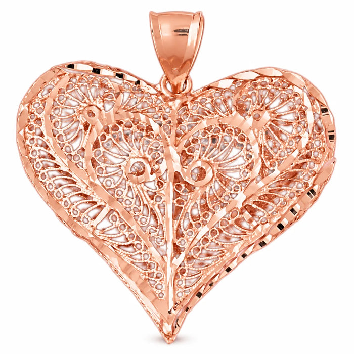 3D Filigree Heart Charm Pendant 14k Gold Rose Gold 14k