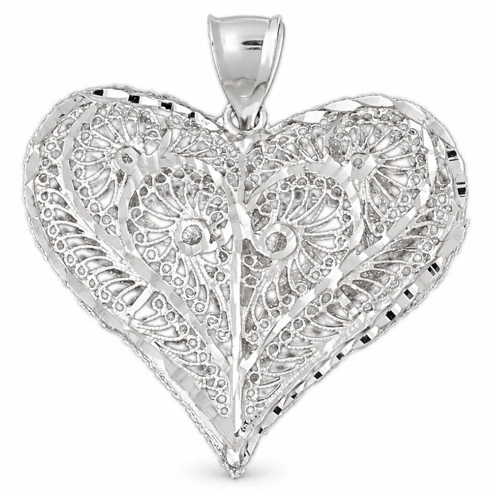 3D Filigree Heart Charm Pendant 14k Gold White Gold 14k