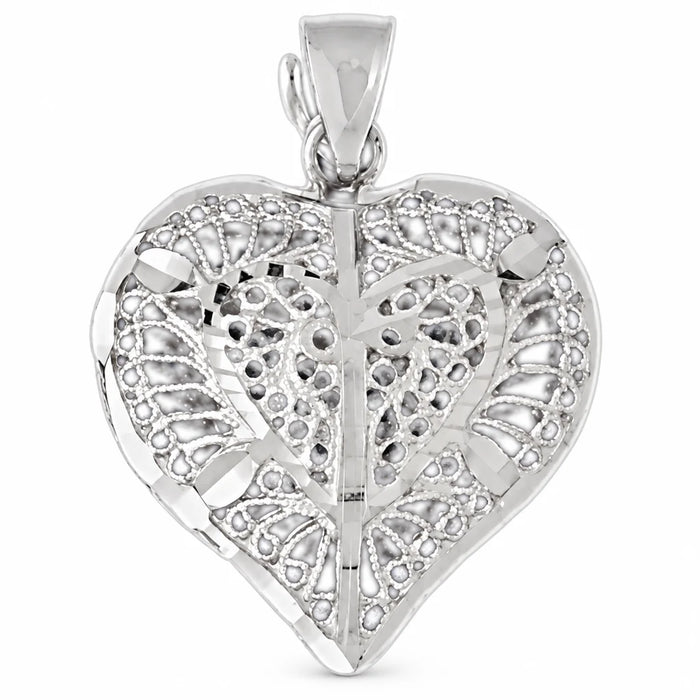 3D Filigree Heart Charm Pendant 14k Gold (6 Grams) White Gold 14k