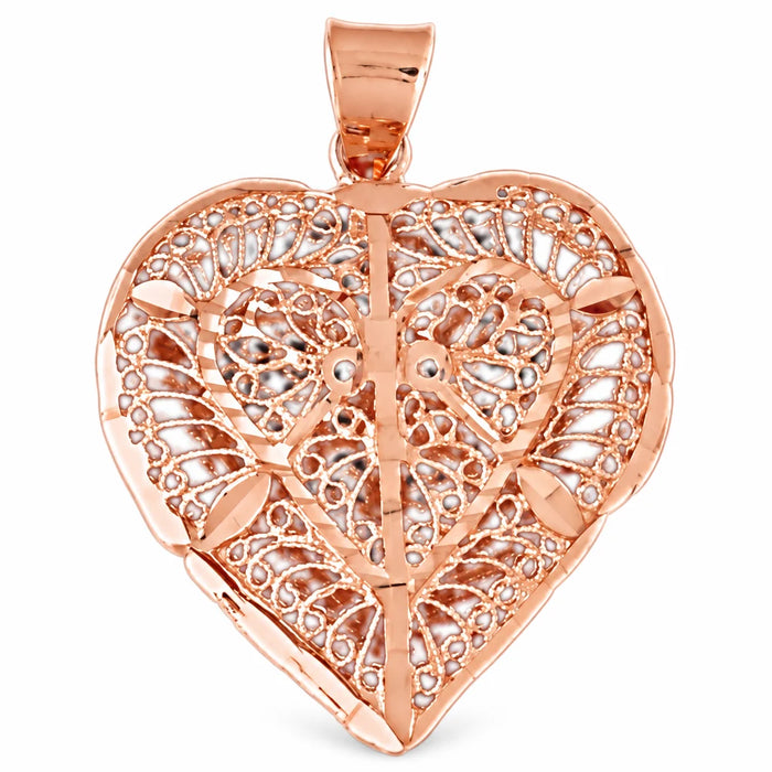 3D Filigree Heart Charm Pendant 14k Gold (7 Grams) Rose Gold 14k