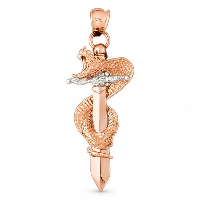 3D Snake on Sword Charm Pendant 14k Two Tone Yellow and White Gold