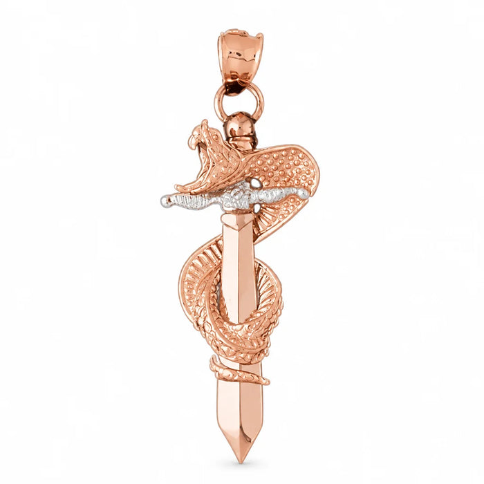 3D Snake on Sword Charm Pendant 14k Two Tone Yellow and White Gold Rose Gold 14k