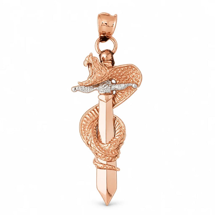 3D Snake on Sword Charm Pendant 14k Two Tone Yellow and White Gold