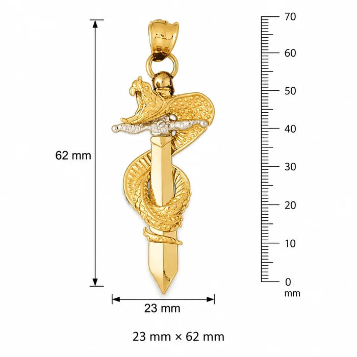 3D Snake on Sword Charm Pendant 14k Two Tone Yellow and White Gold