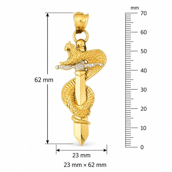 3D Snake on Sword Charm Pendant 14k Two Tone Yellow and White Gold Yellow Gold 14k