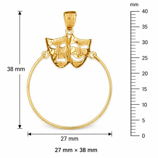 Double Sad-Happy Mask Charm Holder Charm Pendant 14k Gold Yellow Gold 14k
