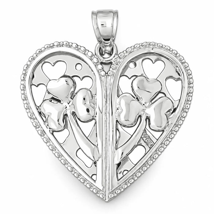 Heart With Three Leaf Clover Charm Pendant 14k Gold (8.9 Grams) White Gold 14k