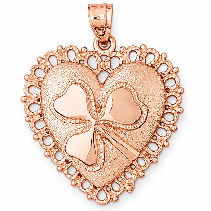 Heart With Three Leaf Clover Charm Pendant 14k Gold (8 Grams) Rose Gold 14k