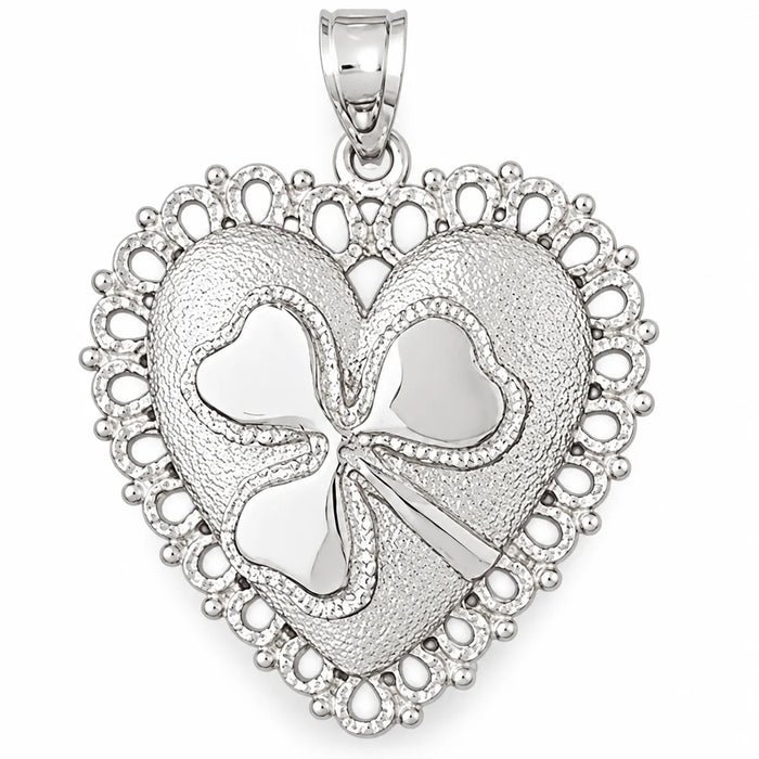 Heart With Three Leaf Clover Charm Pendant 14k Gold (8 Grams) White Gold 14k