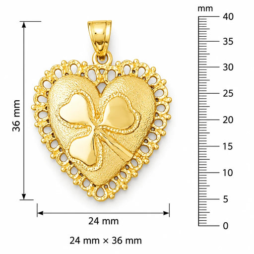 Heart With Three Leaf Clover Charm Pendant 14k Gold (8 Grams) Yellow Gold 14k