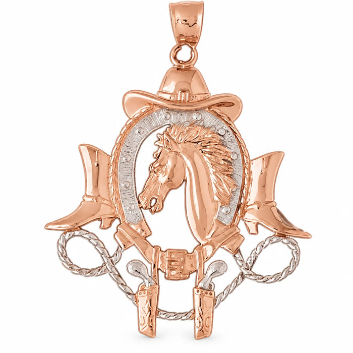 Horse Cowboy Hat Boots Guns Horseshoe Charm Pendant 14k Two Tone Yellow and White Gold Rose Gold 14k