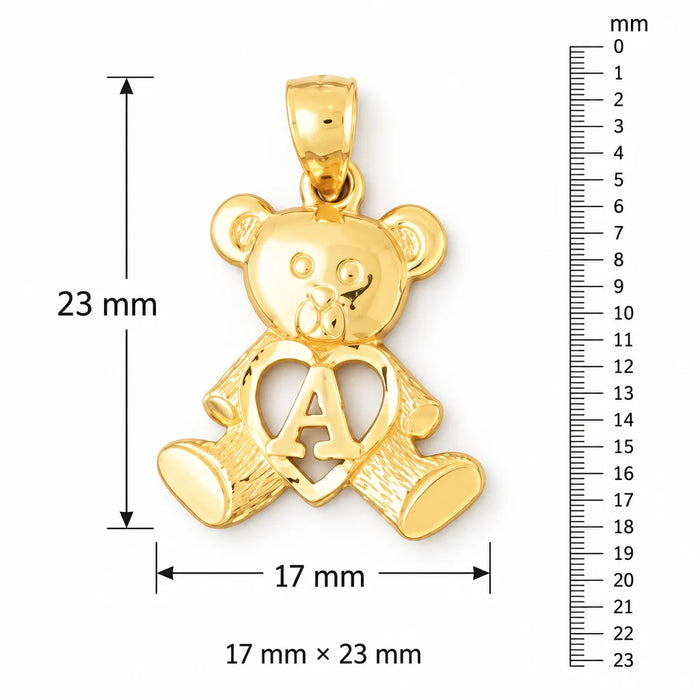Initial A Teddy Bear Heart Charm Pendant 14k Gold Yellow Gold 14k