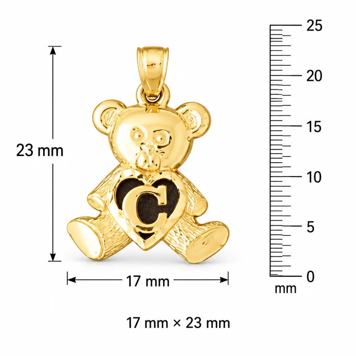 Initial C Teddy Bear Heart Charm Pendant 14k Gold Yellow Gold 14k
