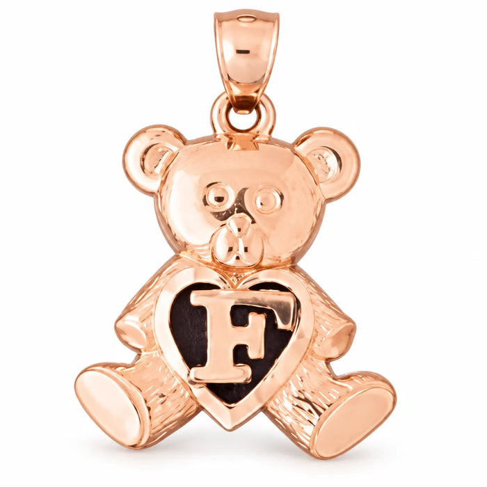 Initial F Teddy Bear Heart Charm Pendant 14k Gold Rose Gold 14k