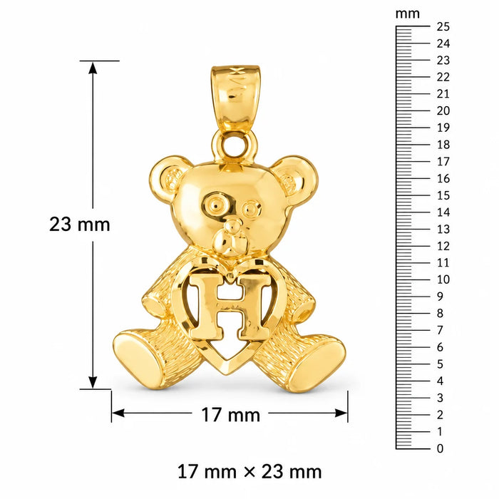 Initial H Teddy Bear Heart Charm Pendant 14k Gold Yellow Gold 14k