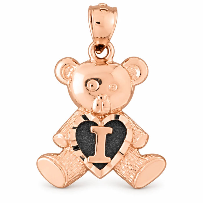 Initial I Teddy Bear Heart Charm Pendant 14k Gold Rose Gold 14k