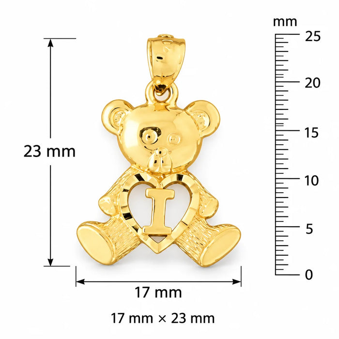Initial I Teddy Bear Heart Charm Pendant 14k Gold Yellow Gold 14k