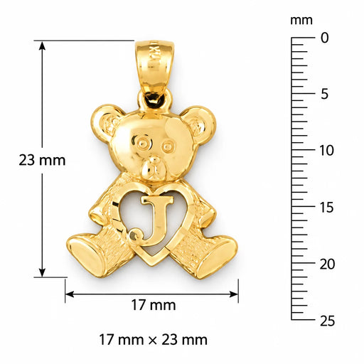 Initial J Teddy Bear Heart Charm Pendant 14k Gold Yellow Gold 14k